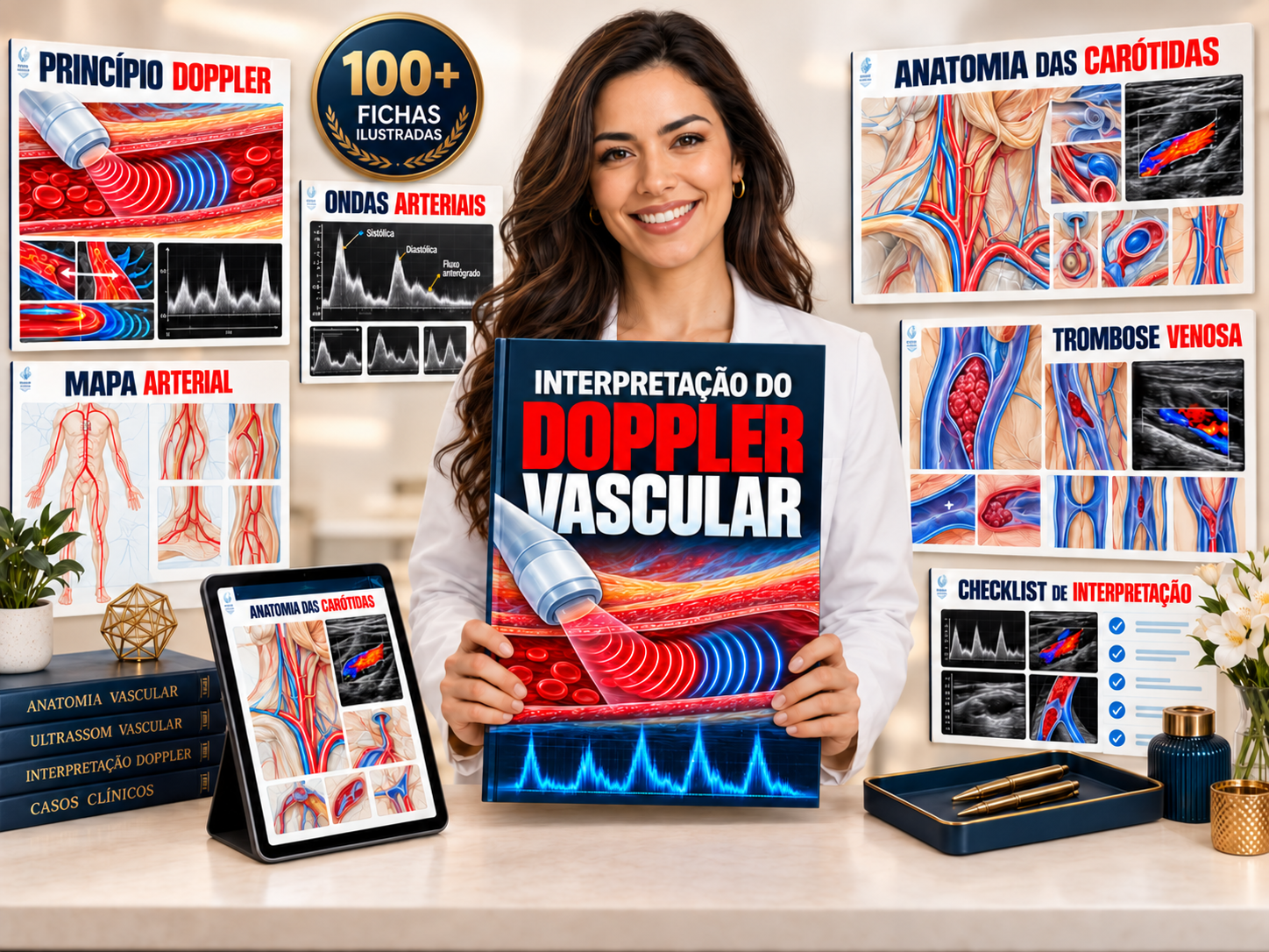 Profissional de saúde apresentando a coleção Interpretação do Doppler Vascular cercada por fichas ilustradas
